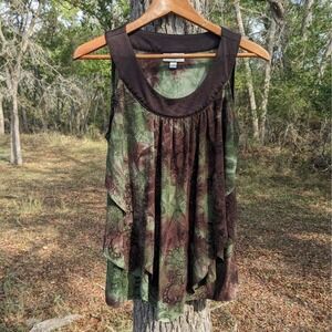 Floral Tie Dye Fairy Grunge Top Women's Medium Green Brown Velvet Flocked Flowy
